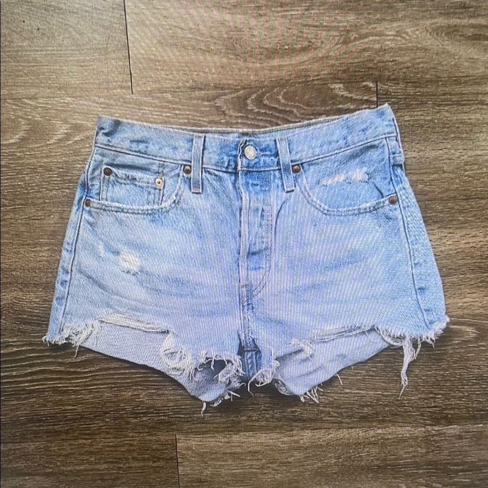 Distressed Light Blue Denim Shorts